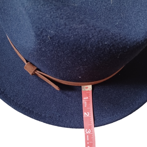 Navy Blue Women's Fedora Brimmed Hat, Brown Strap, Adjustable Size - Picture 9 of 11